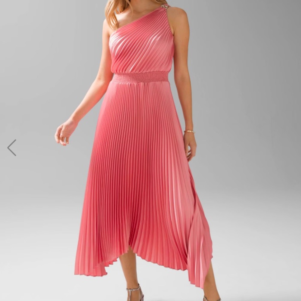 White House Black Market Pink Pleated One Shoulder MIDI Maxi Dress Peach Rouched